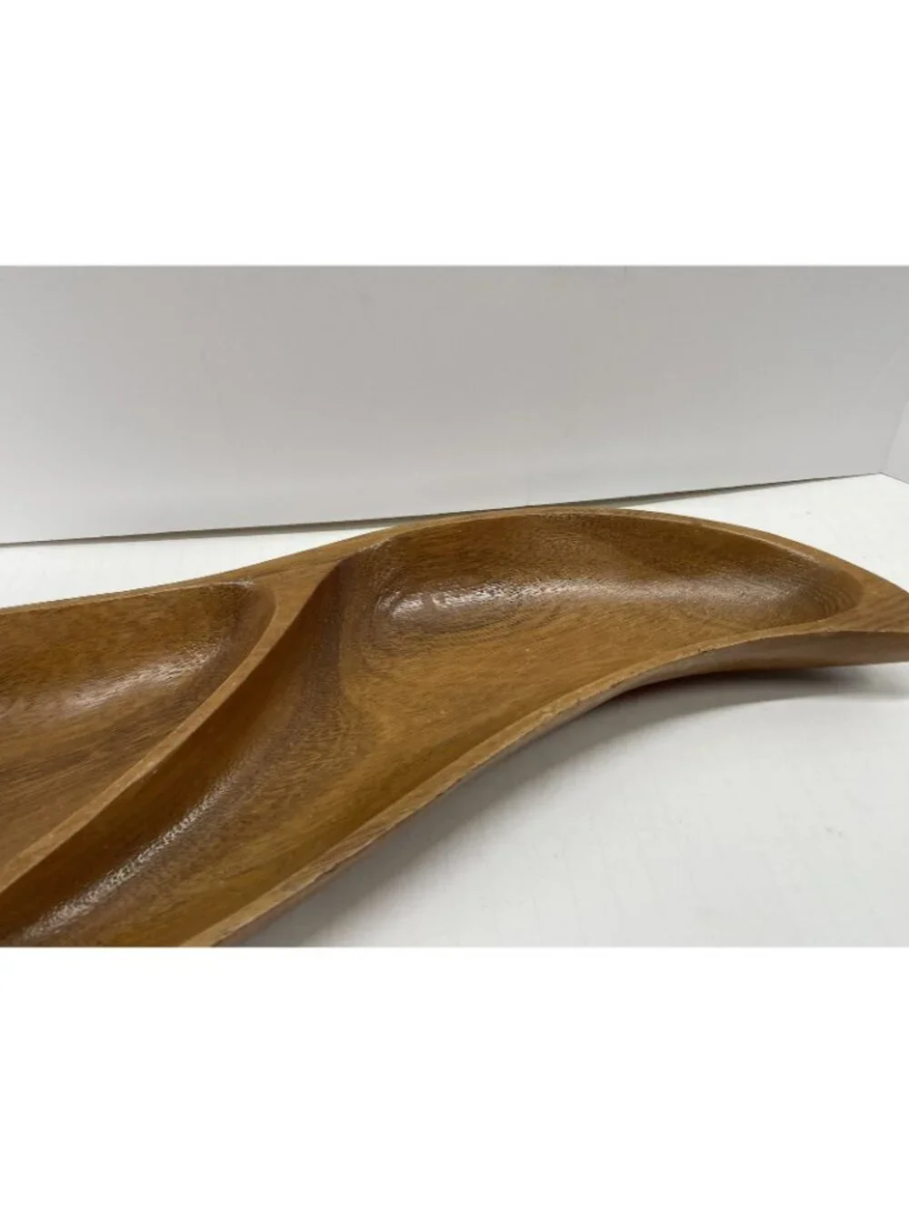 Vintage MCM Hand Carved Wood Divided Tear Drop Dish Bowl Large Teak Teardrop 60s